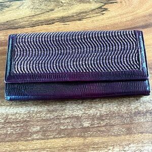 MOOCHIES Leather Clutch Hand Wallet Brown Woven Front Flap Over Snap Closure